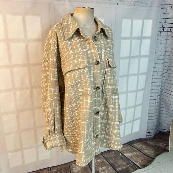 H&M Women's Tan Cream Window Pane Collared Button Down Shacket Size XL - Picture 3 of 11